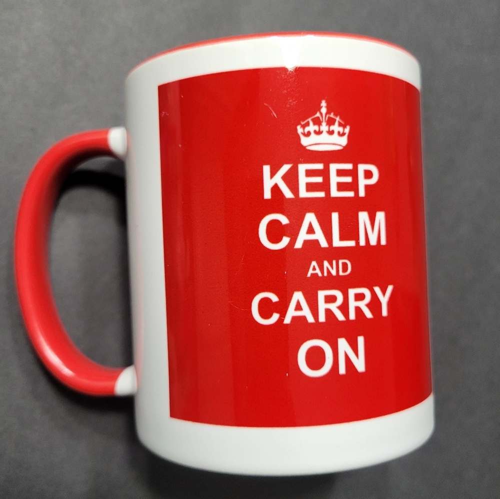 Crown KEEP CALM AND CARRY ON, red and white coffee cup mug and red handle